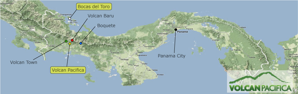 Map of Panama, showing the location of Volcan, Bocas del Toro and Panama City.